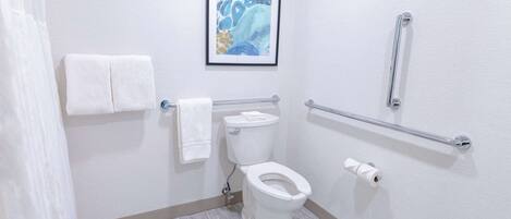 A bathroom with a toilet, a handrail, a framed artwork, and a towel rack.