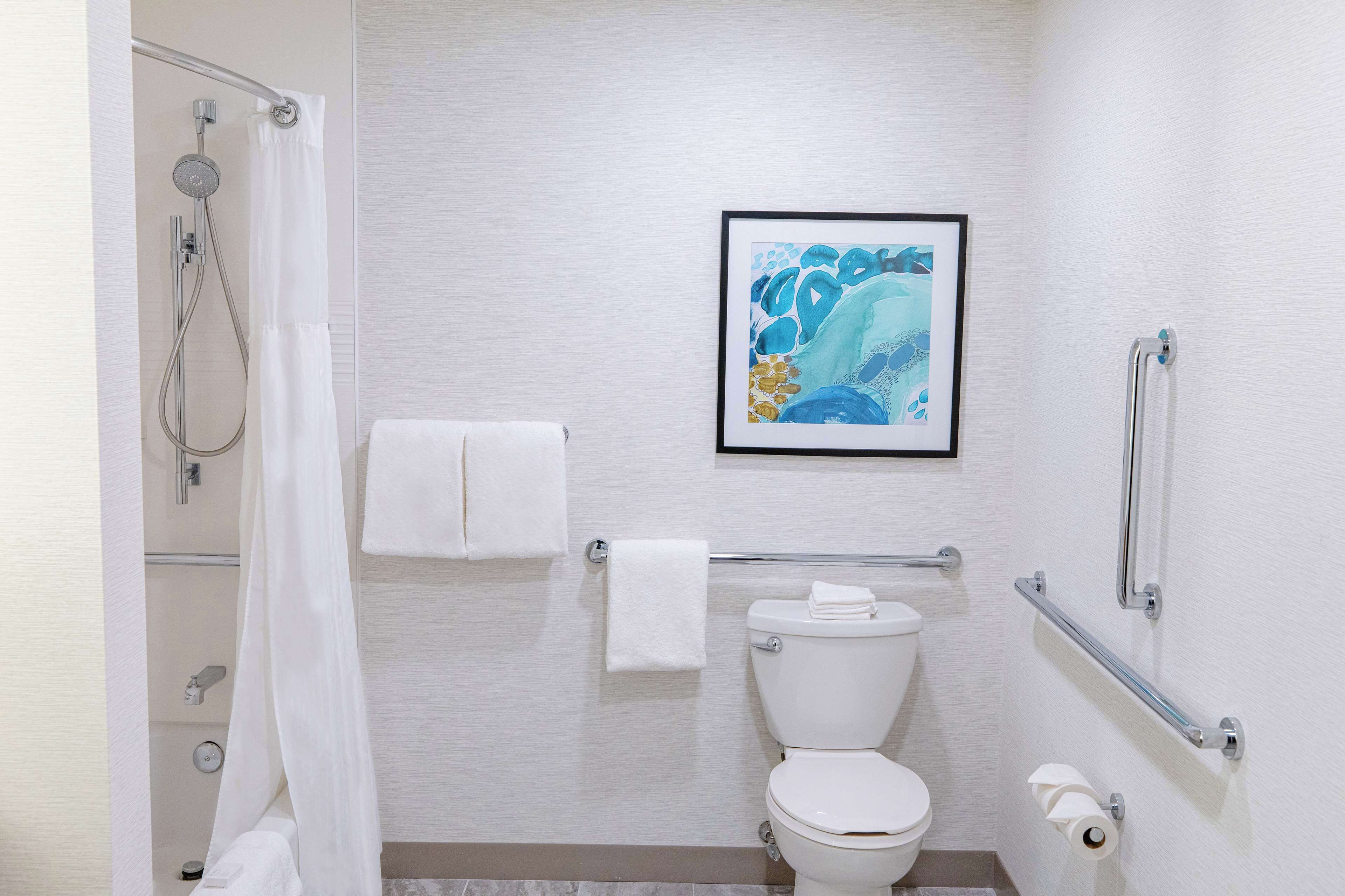 Un baño moderno con ducha, inodoro y barras de apoyo.