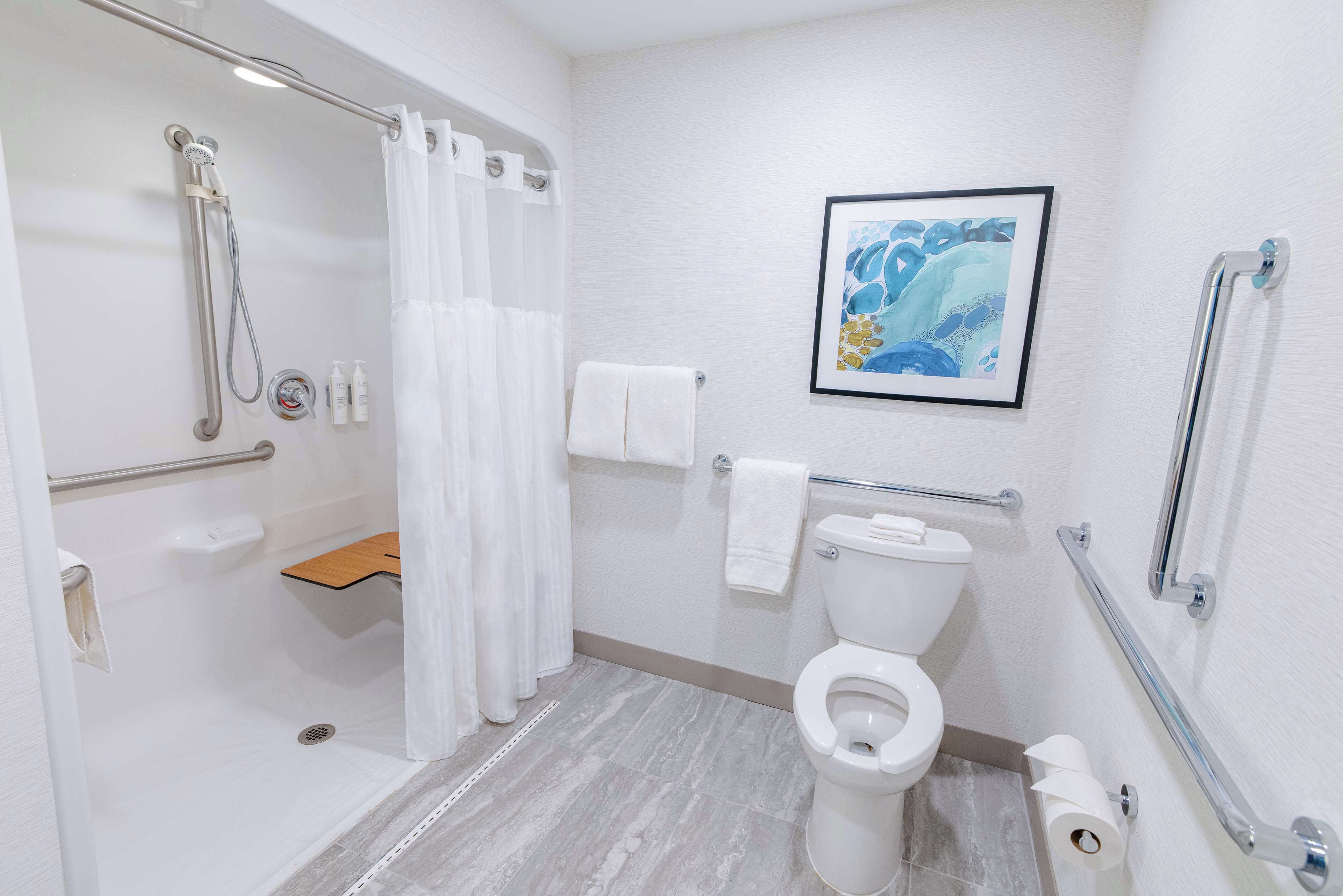 combined shower/bathtub, free toiletries, hair dryer, towels