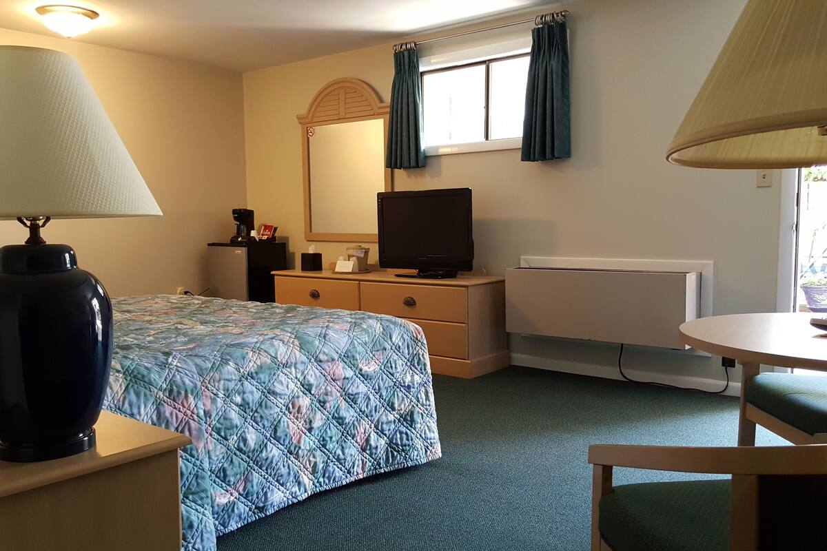 A hotel room with a bed, a desk with a lamp, a dresser, a television, a window with curtains, and a radiator.