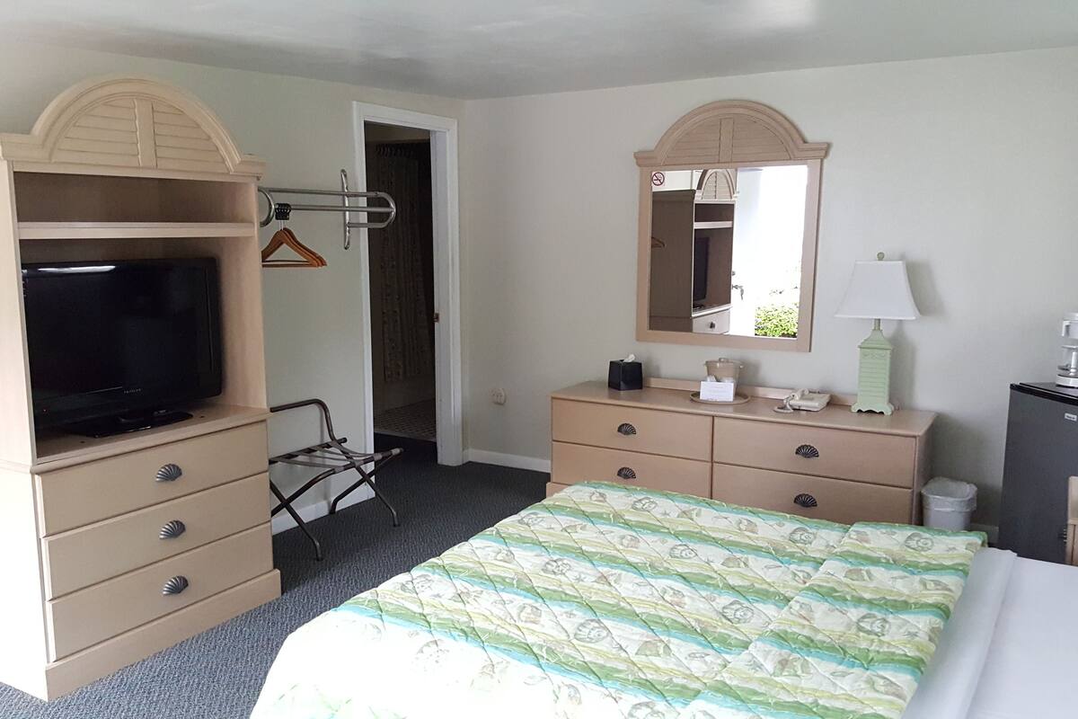 A hotel room with a bed, a television, a dresser, a mirror, and a coffee machine.