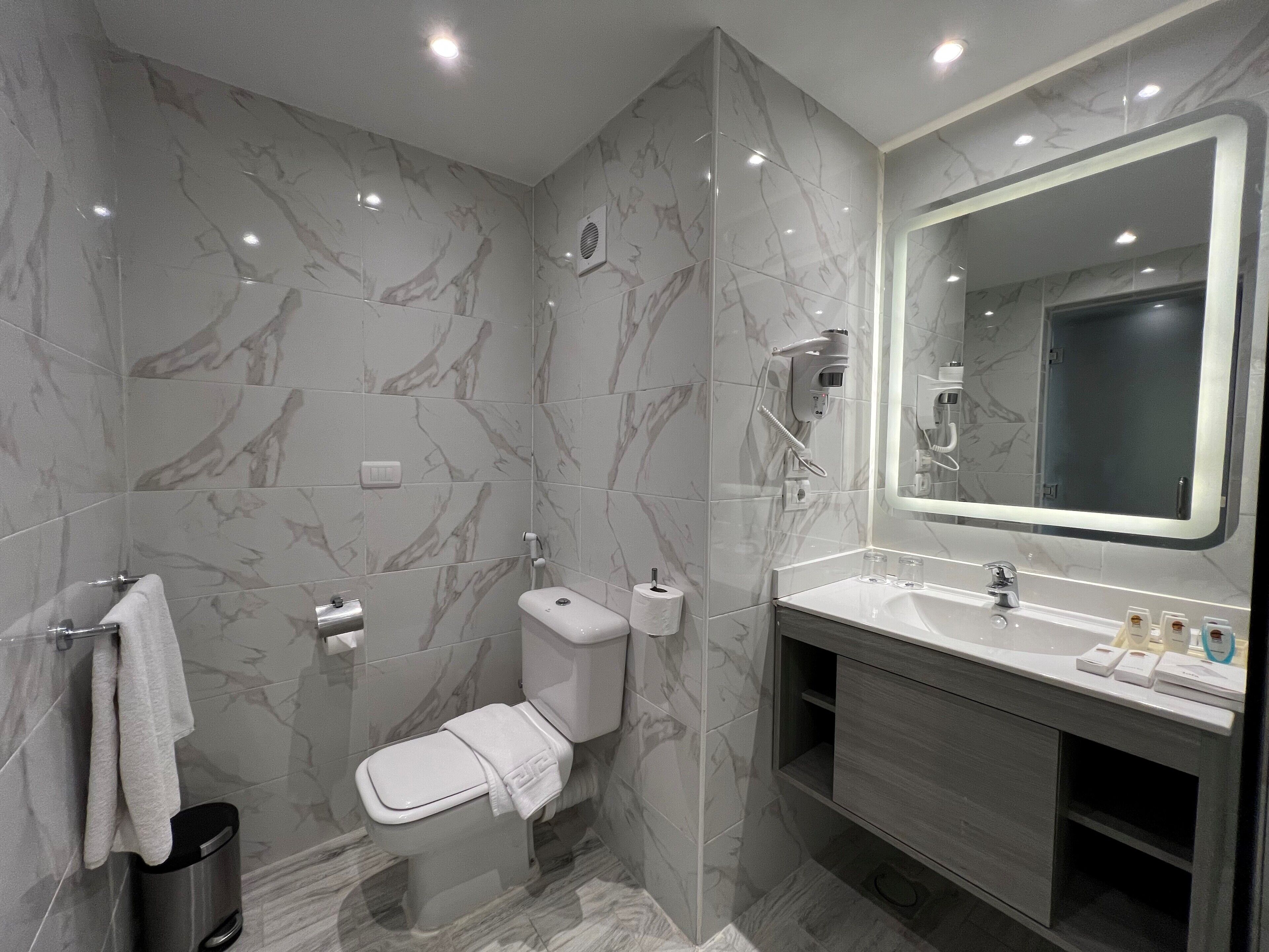 hair dryer, slippers, towels