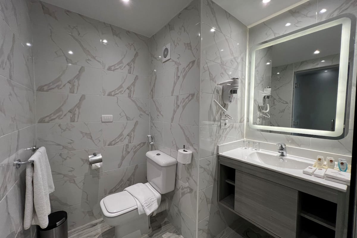 hair dryer, slippers, towels