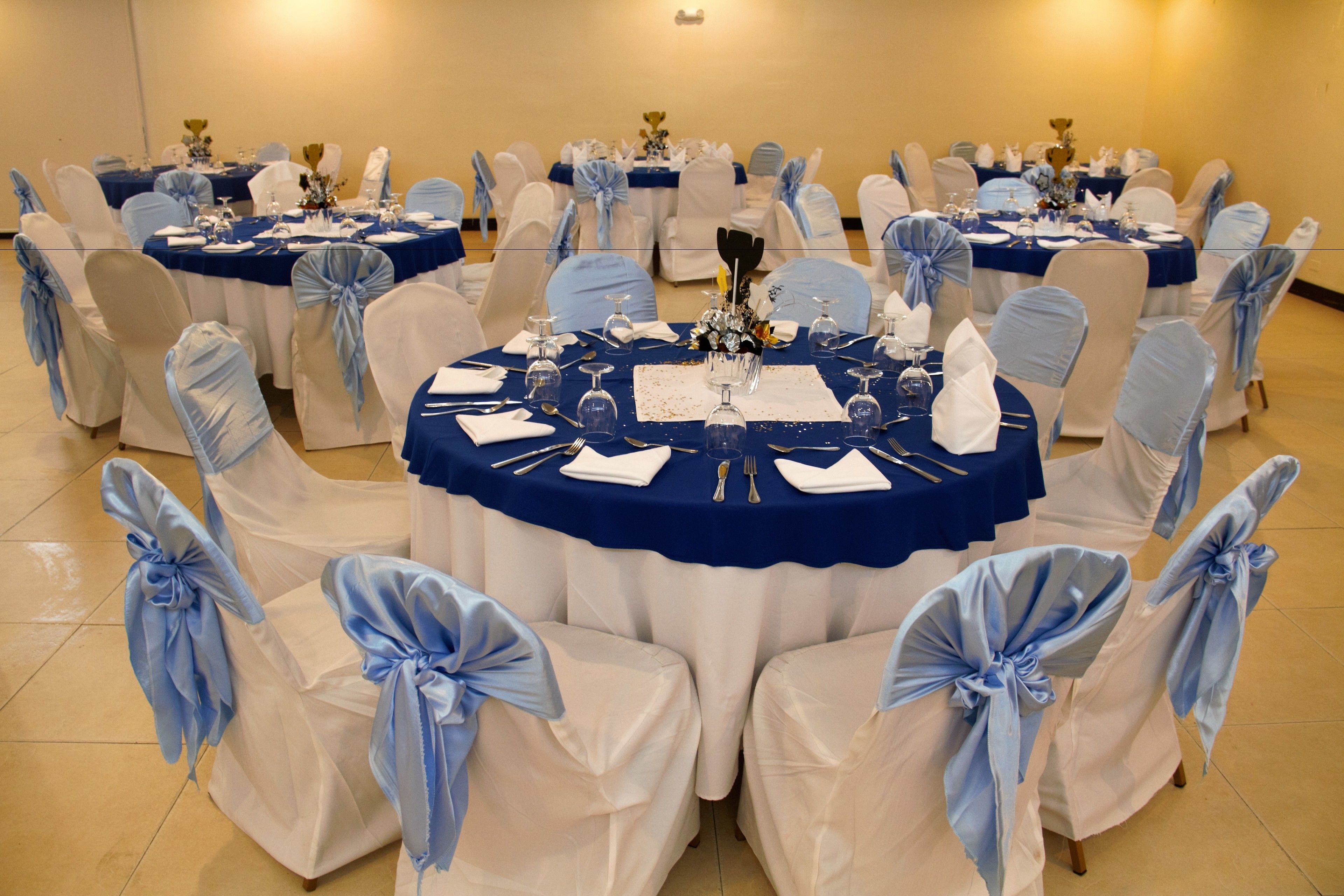 A banquet hall with round tables set for a formal event, each with white chairs and blue sashes.