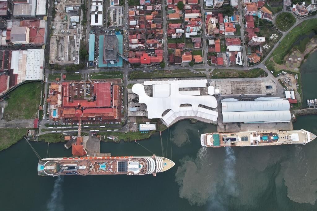 An aerial view of a port with two cruise ships docked, a large white building, and surrounding residential and commercial buildings.