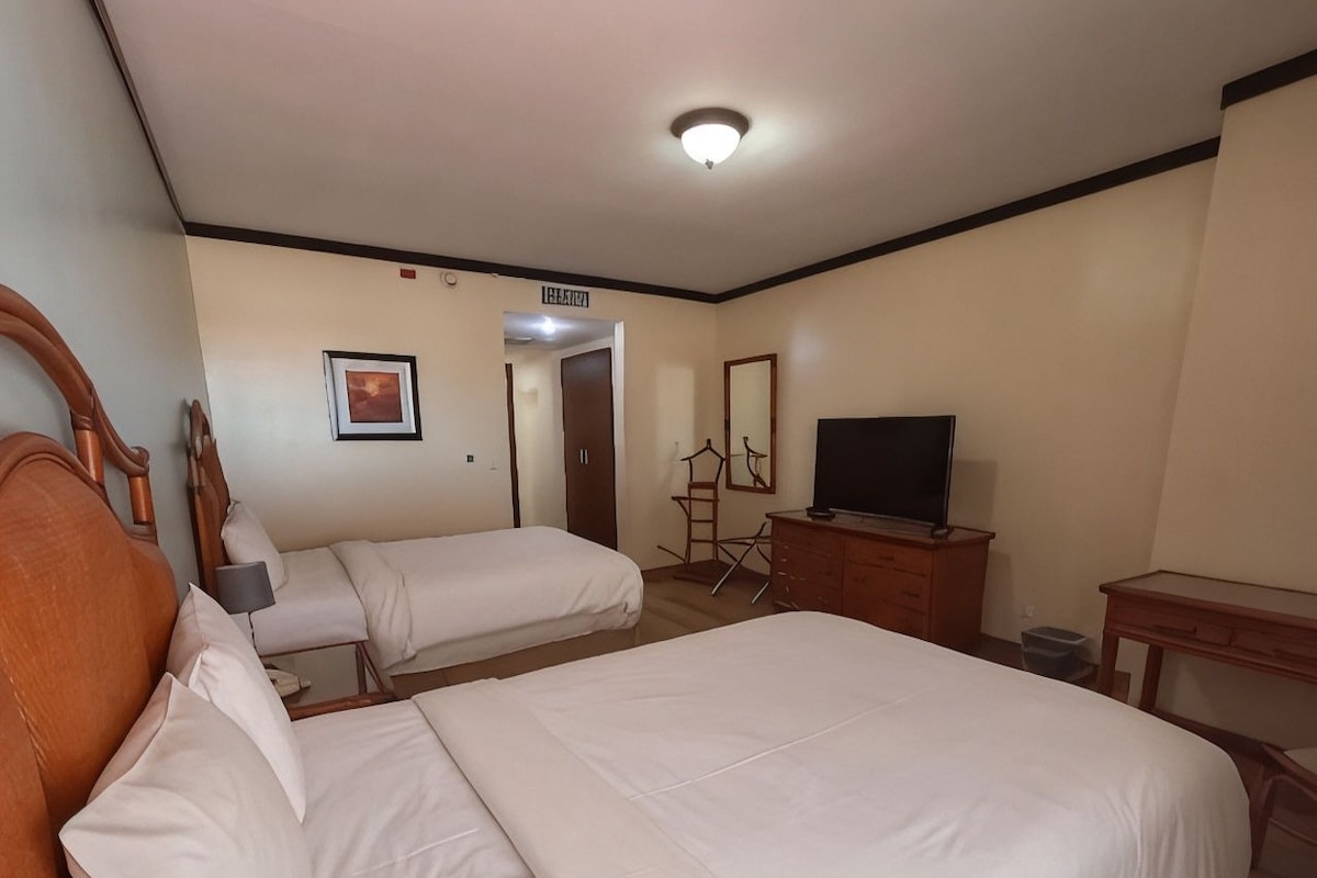 A hotel room with two beds, a television, a desk, and a wardrobe.