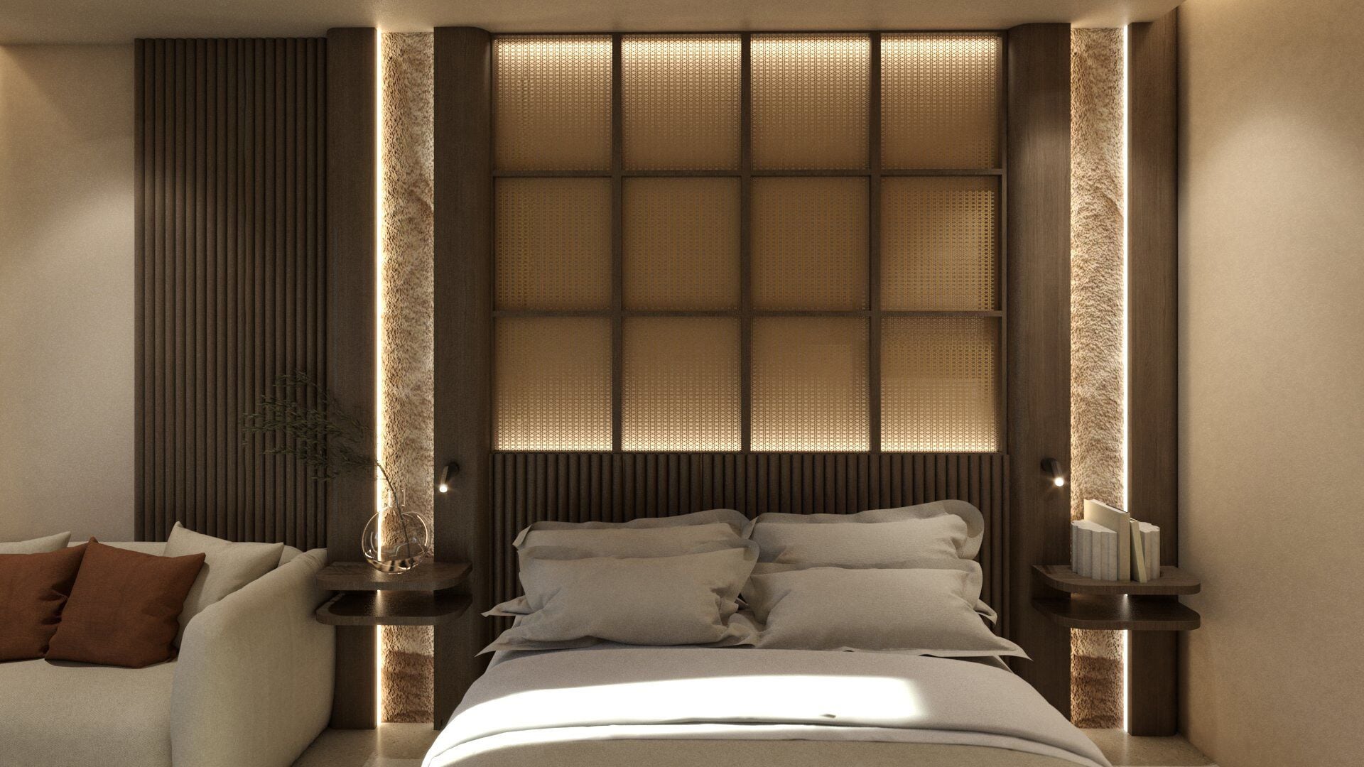 A modern bedroom with a large bed, two bedside tables, and a headboard with a textured panel.