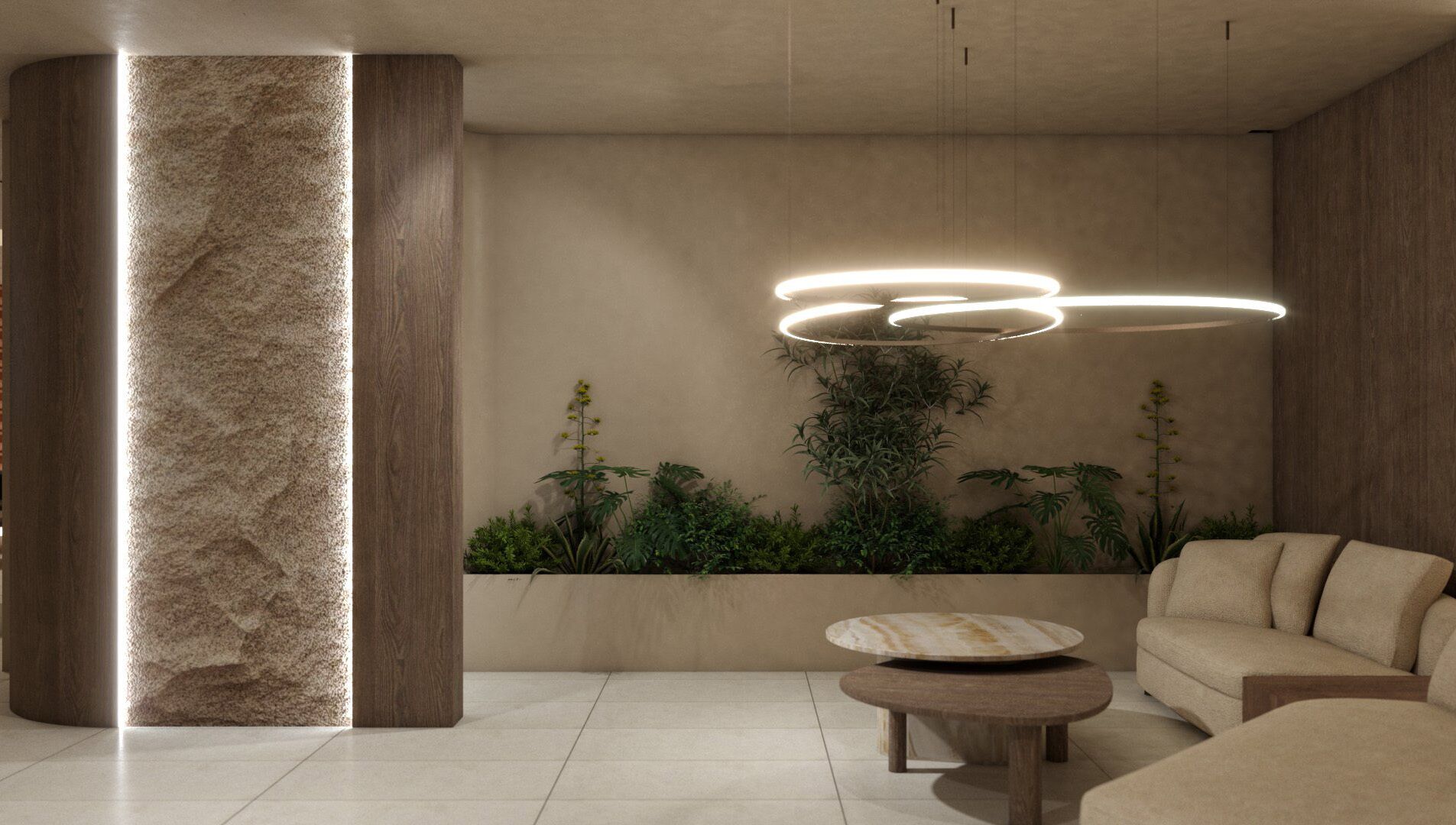 A modern interior with a large column, a round table, and a sofa.