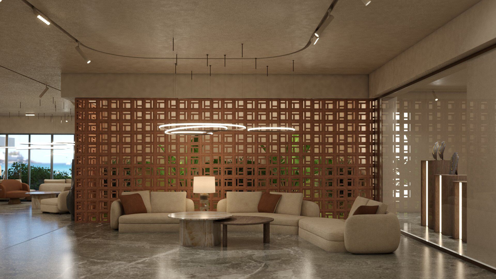 Eine moderne Lobby mit einem Ecksofa, einem Couchtisch und einer dekorativen Holzvertäfelung.