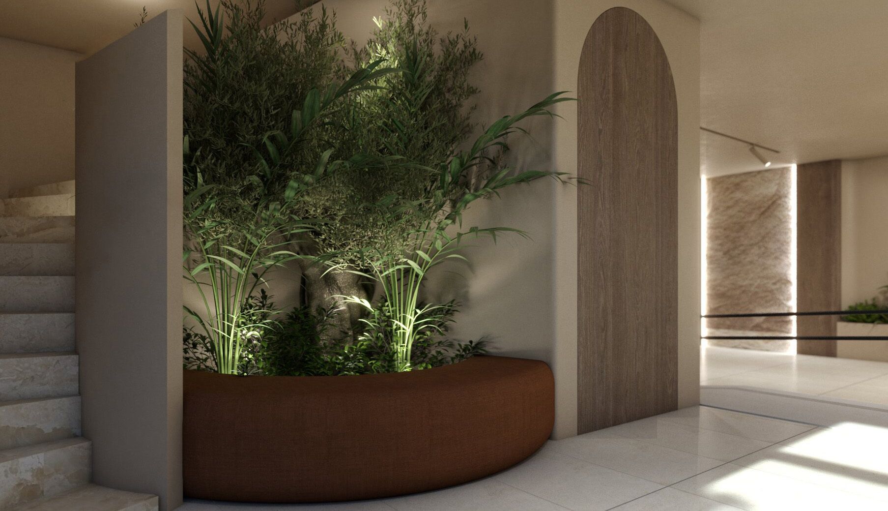 Un interior moderno con una jardinera curva llena de plantas, una escalera y un arco de madera.