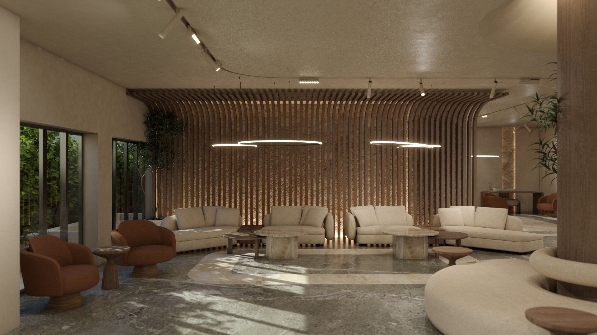 Un intérieur moderne avec un canapé d’angle, des fauteuils et une table basse.