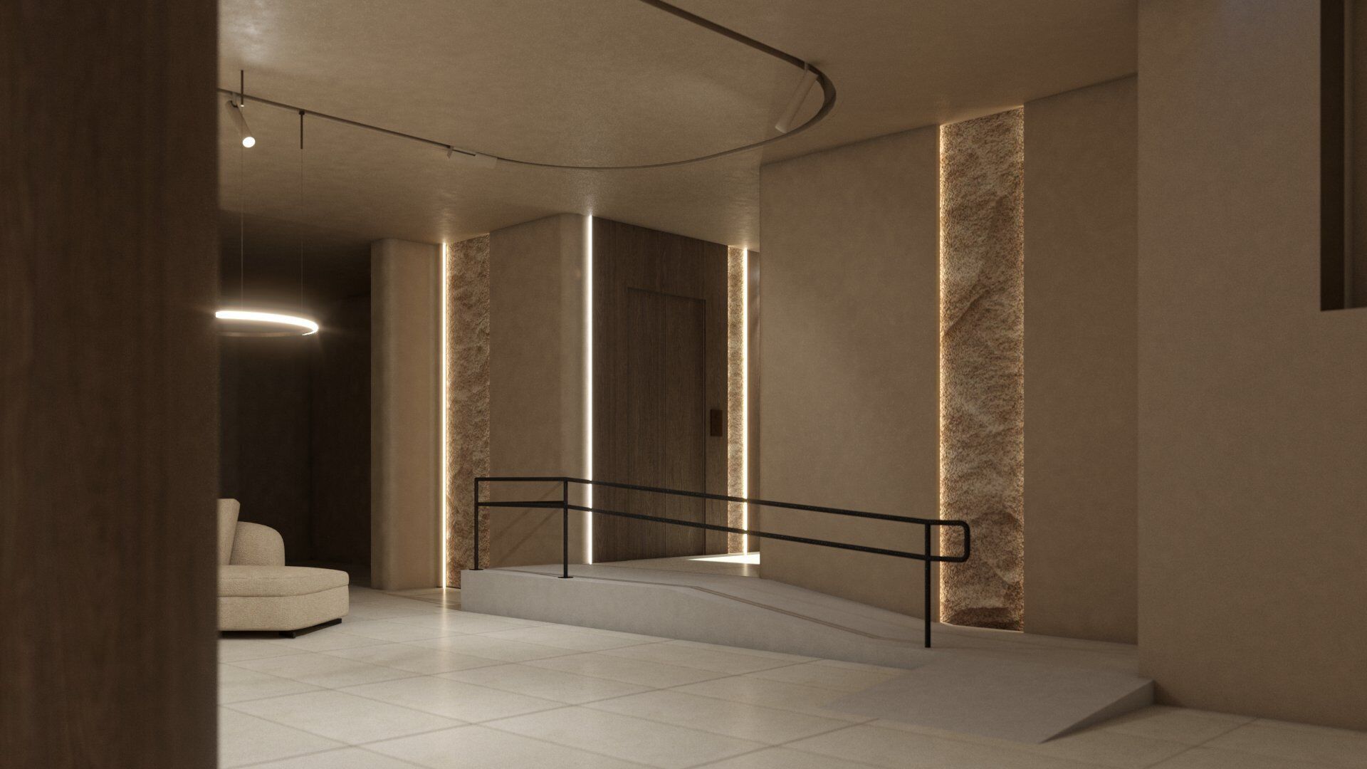 Un intérieur moderne avec un escalier, un luminaire et un canapé.
