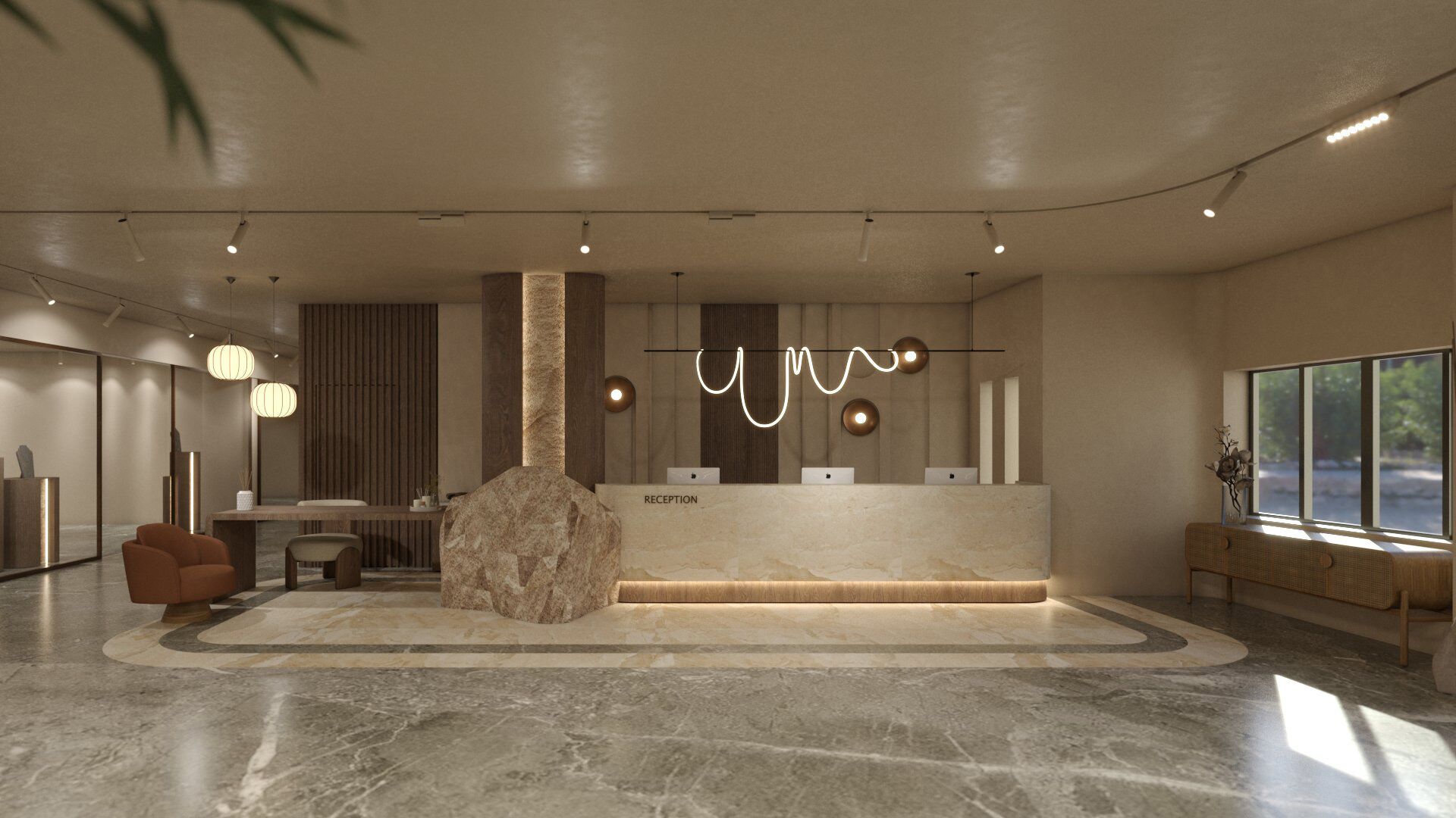 A reception area with a marble floor, a reception desk labeled "RECEPTION," and a large stone sculpture.