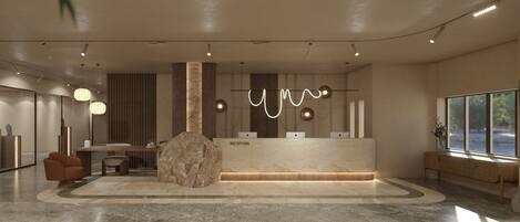 A reception area with a marble floor, a reception desk labeled "RECEPTION," and a large stone sculpture.