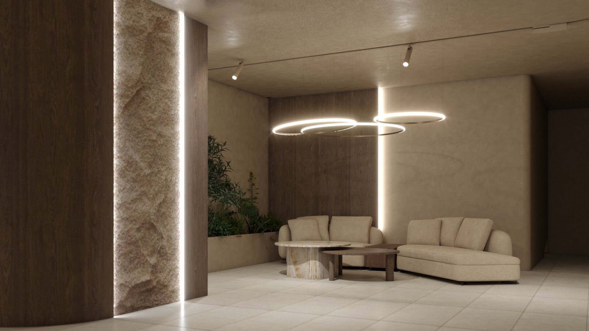 A modern interior with a sectional sofa, a small round table, and a unique circular light fixture.