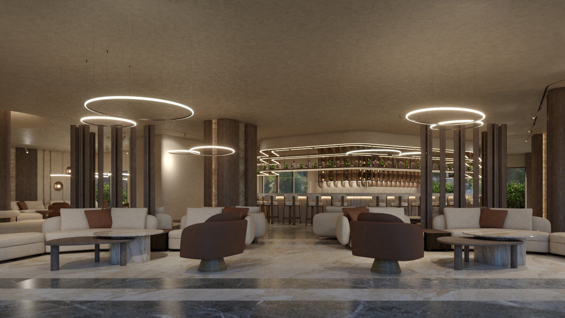 A modern lobby with a bar area, seating arrangements, and a marble floor.