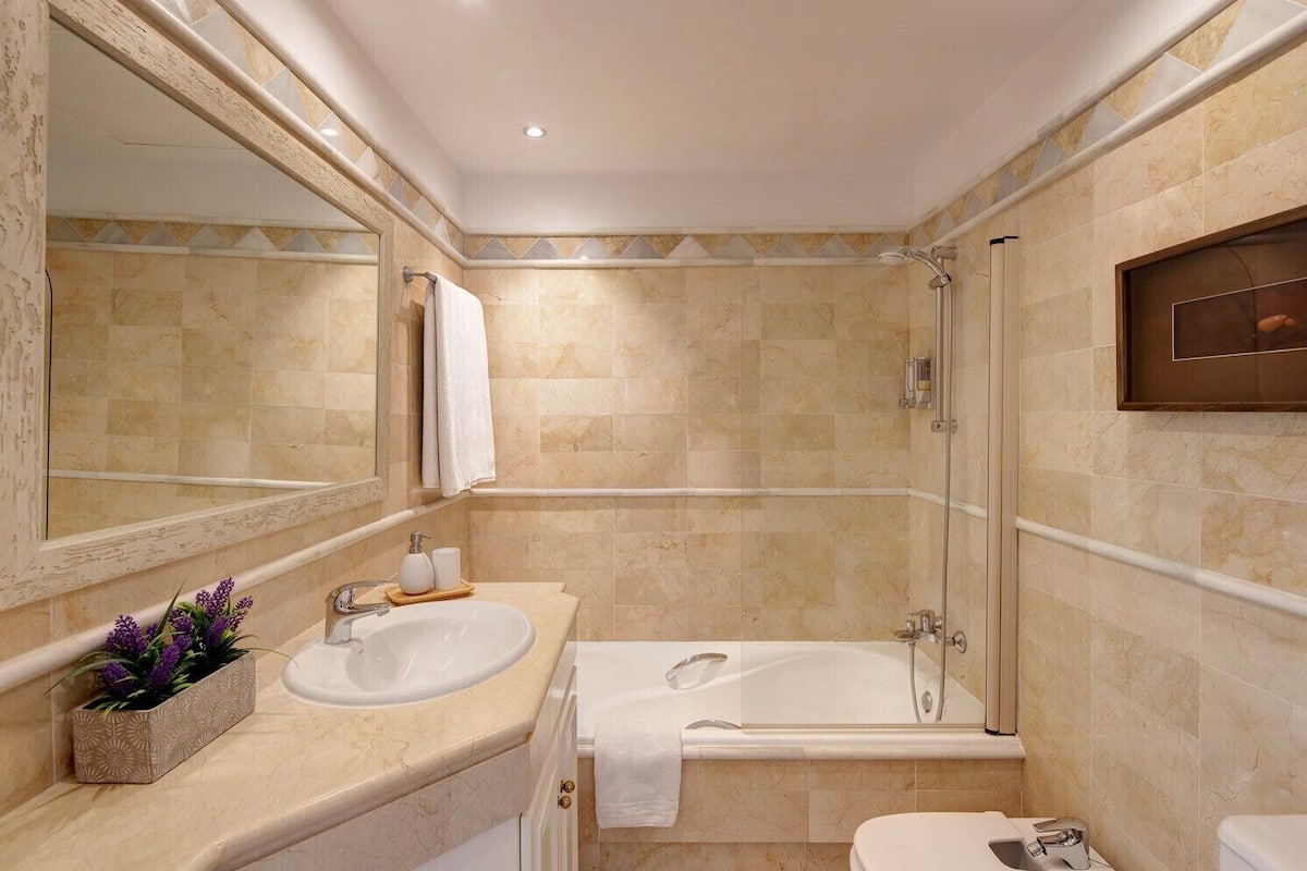 combined shower/bathtub, hair dryer, bidet, towels