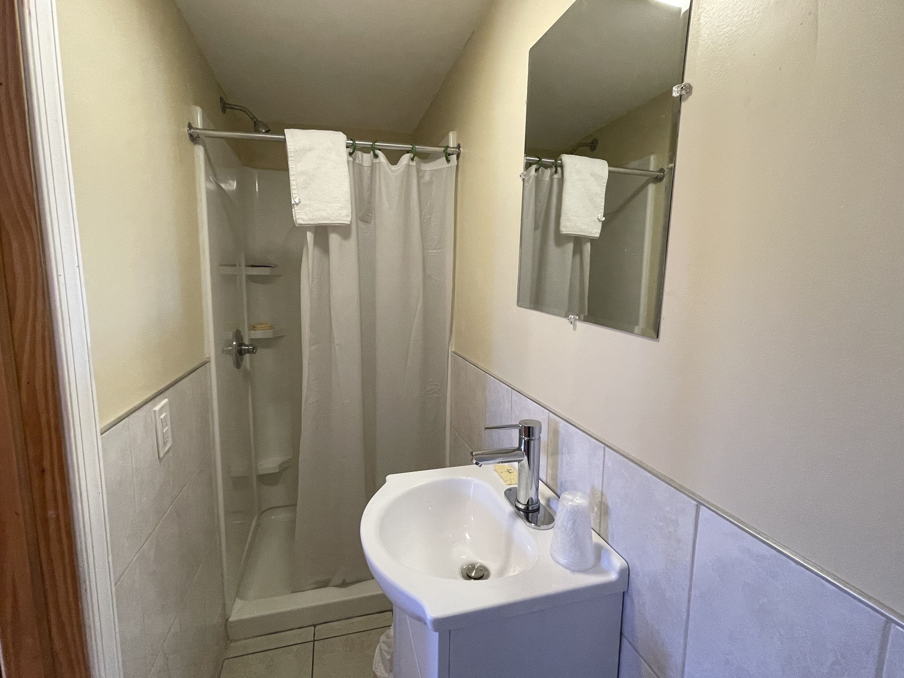 Un baño con ducha, lavamanos y espejo.
