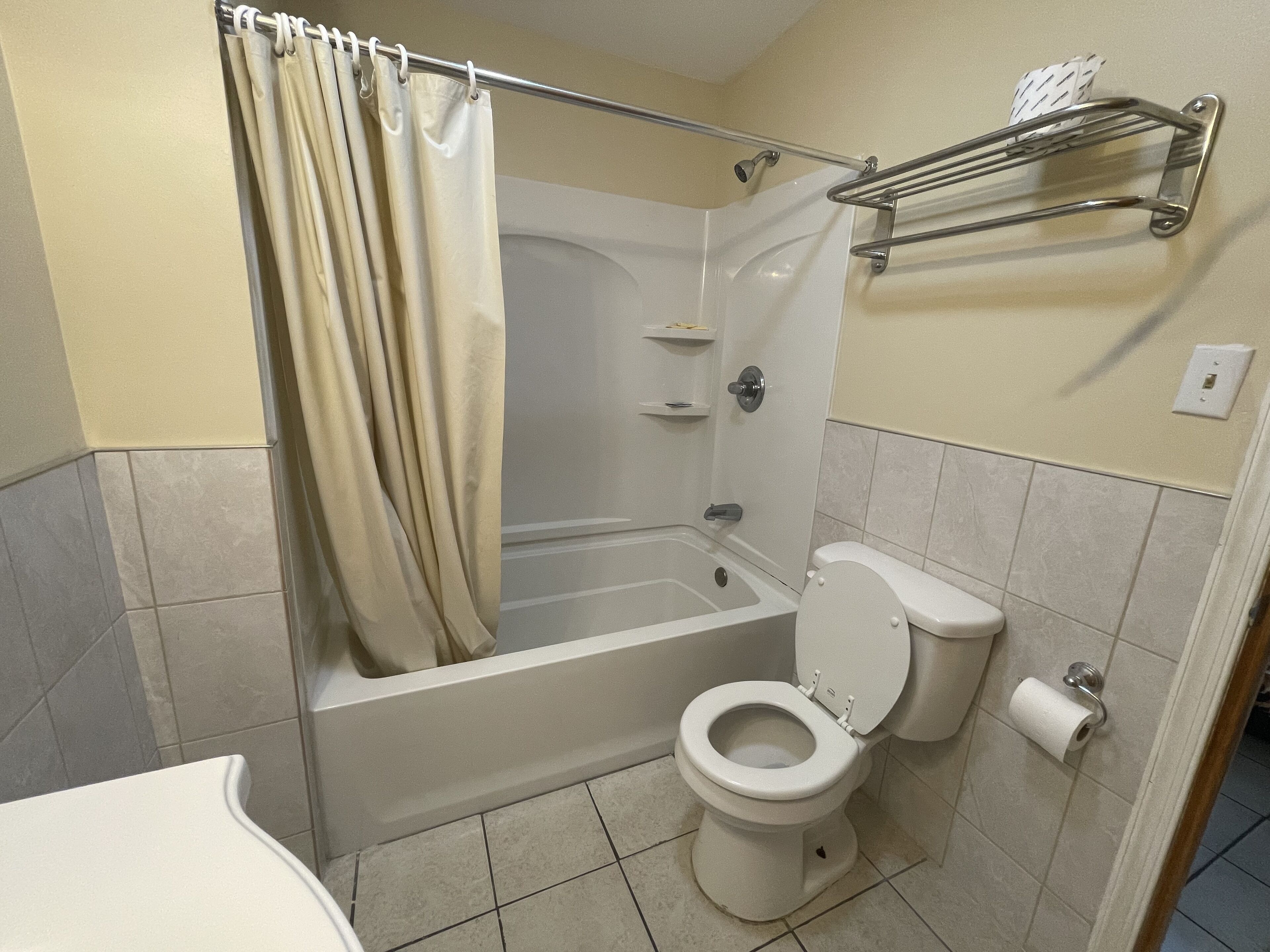 A bathroom with a bathtub, toilet, and shower curtain.