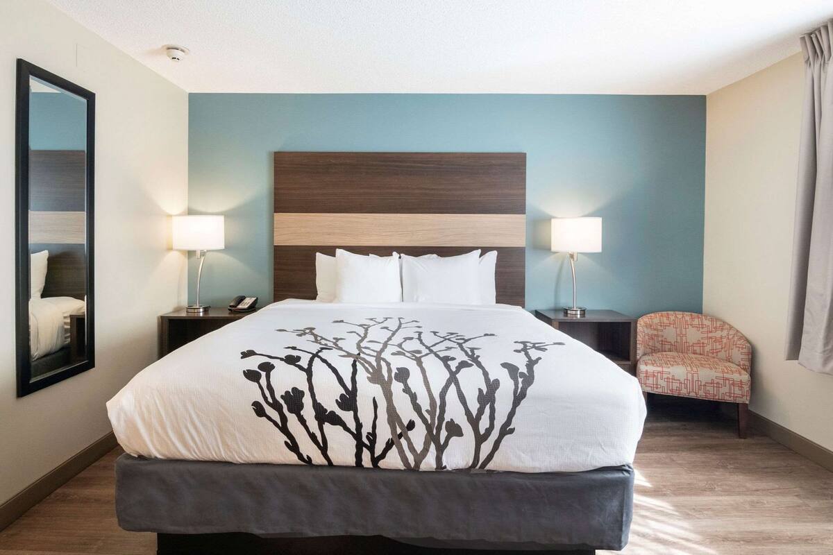 A hotel room with a bed, two bedside lamps, a nightstand, a chair, a mirror, and a ceiling light.