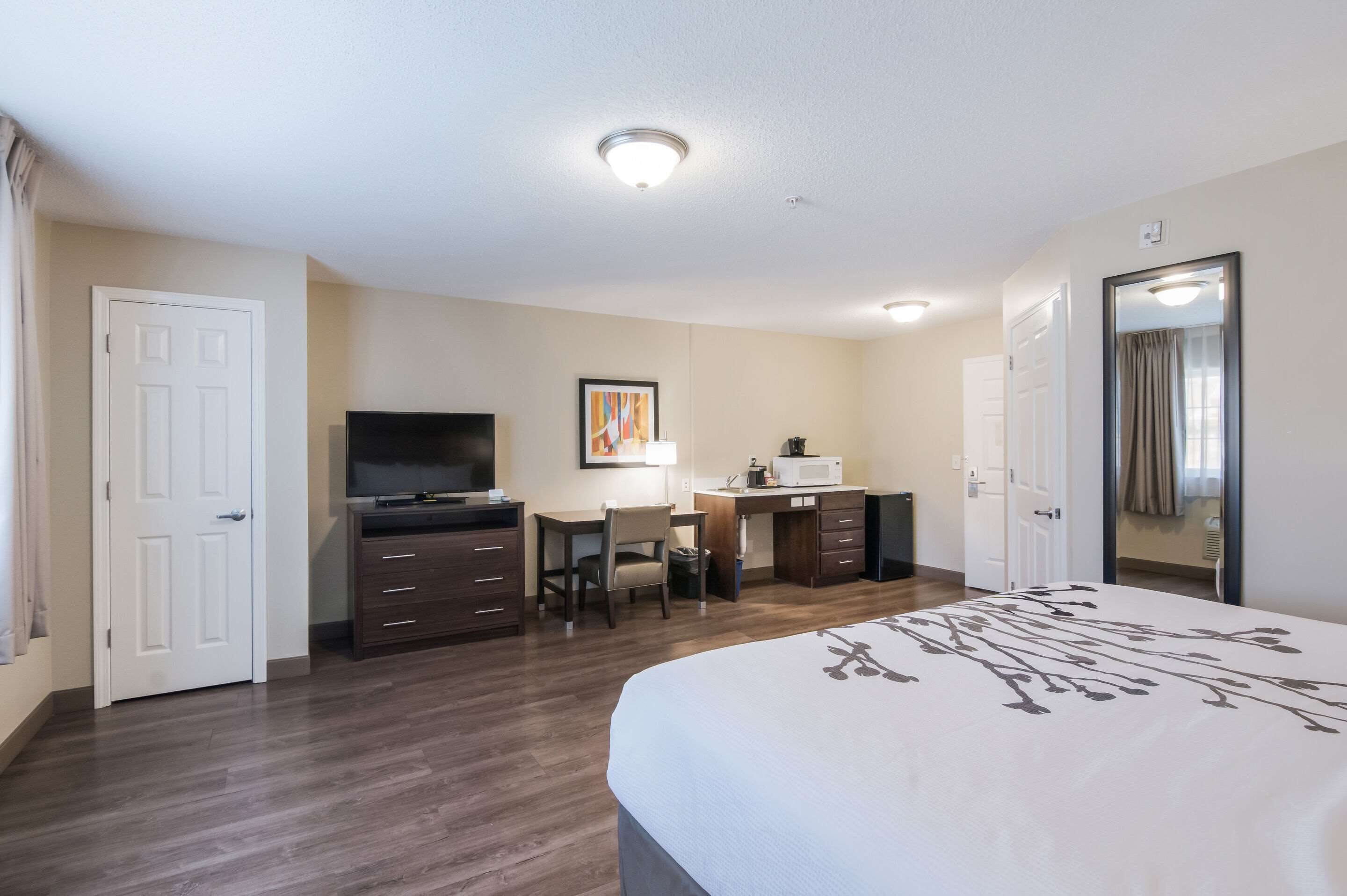 A hotel room with a bed, a desk with a chair, a television, a microwave, and a door.