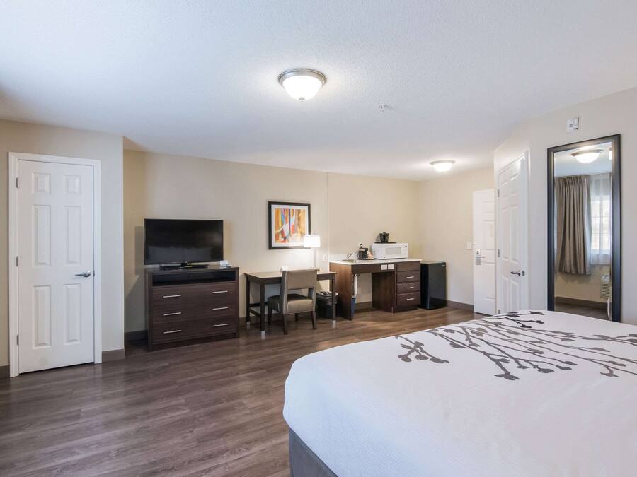 A hotel room with a bed, a desk with a chair, a television, a microwave, and a door.