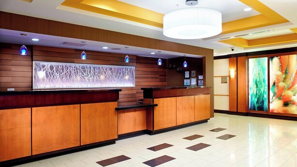 Zona de recepción de un hotel con mostrador de madera, un decorativo muro y un amplio ventanal con vistas.
