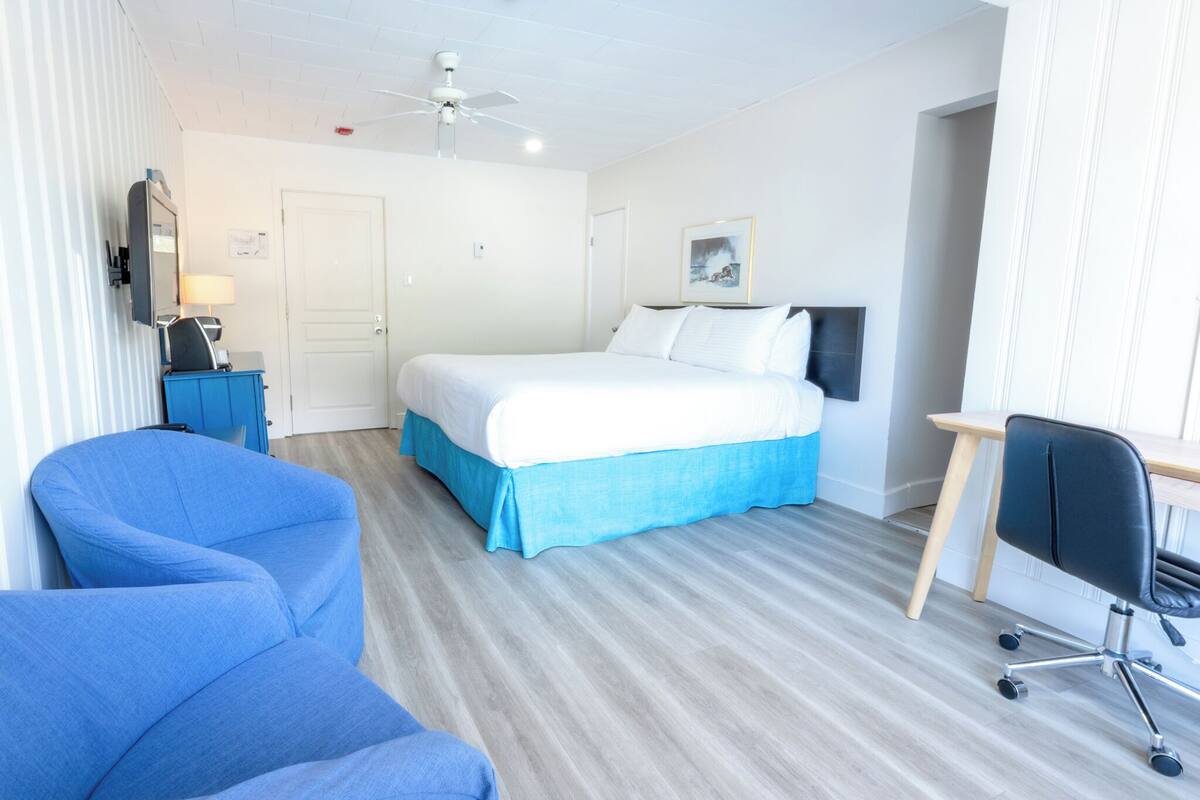 Habitación de hotel con cama, escritorio, silla, ventilador de techo y televisor.