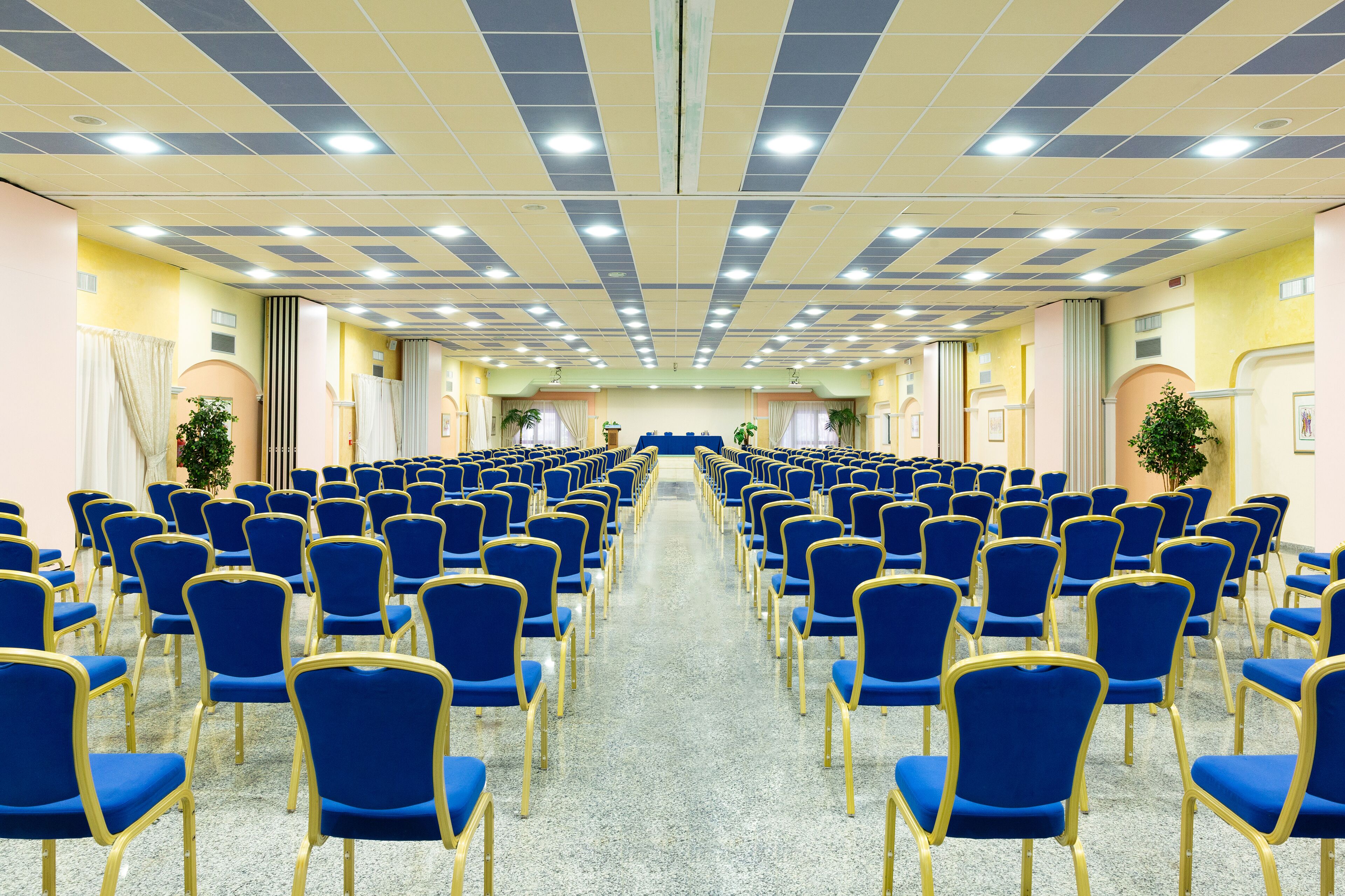 Una sala conferenze con file di sedie blu e un corridoio centrale.