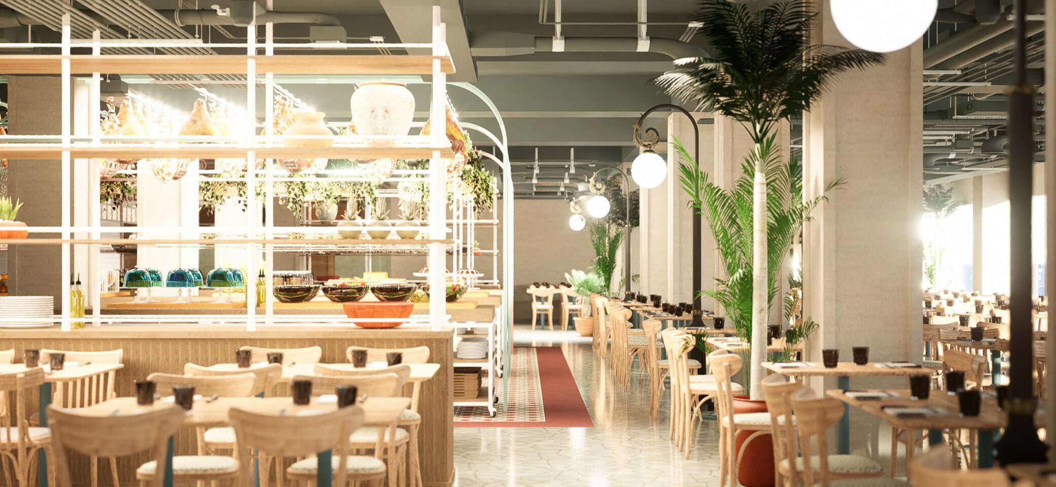 A restaurant with a long counter, multiple tables, and chairs. There are shelves with decorative items and plants in the background.