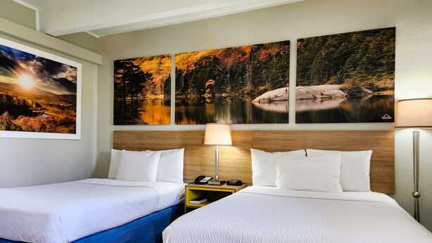 Une chambre d’hôtel avec deux lits, une table de chevet avec une lampe et trois grandes peintures représentant des paysages accrochées au mur.
