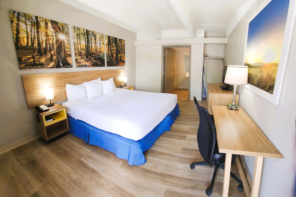 A hotel room with a large bed, a desk, and a chair. There are two paintings on the wall, a nightstand with a lamp, and a door leading to another room.