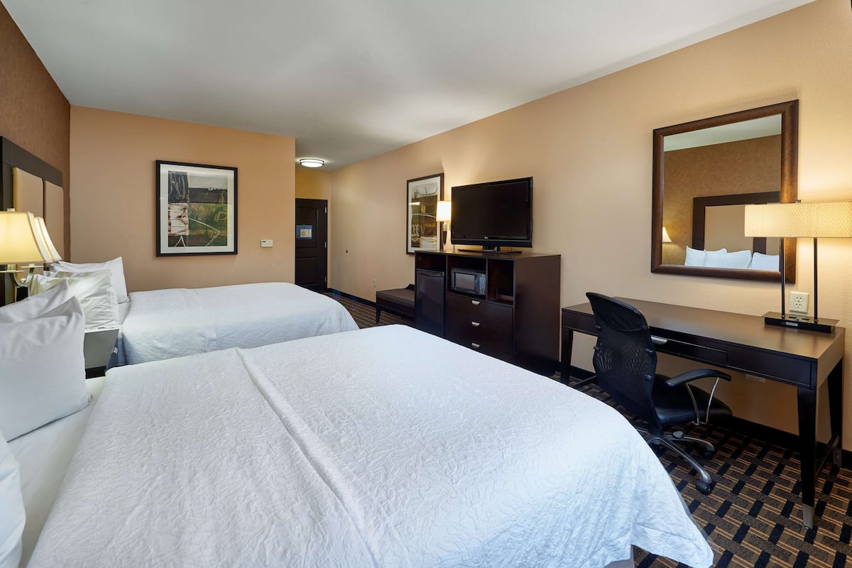 A hotel room with two beds, a desk, a chair, a TV, and a mirror.