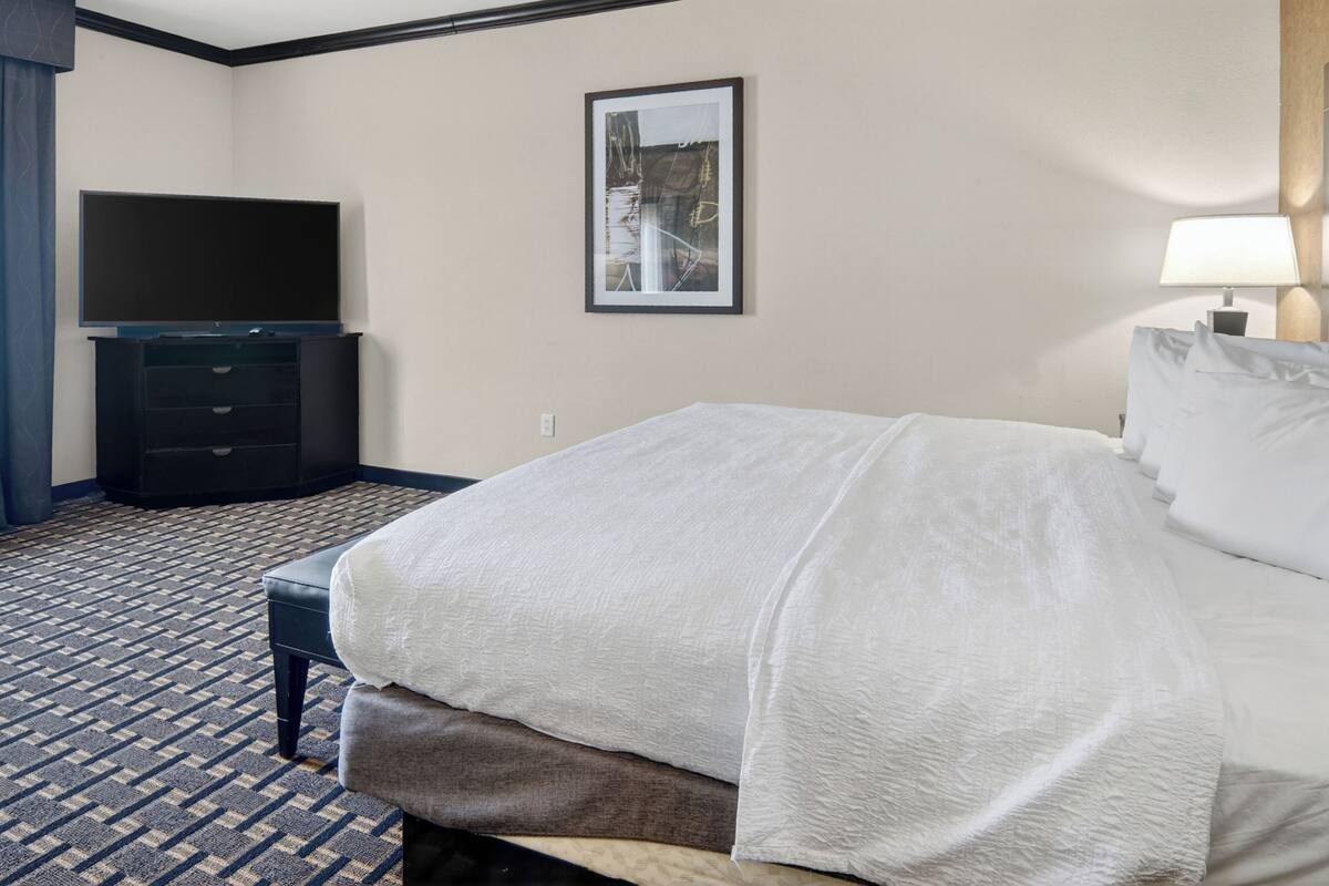A hotel room with a bed, a flat-screen TV, a dresser, and a framed picture on the wall.