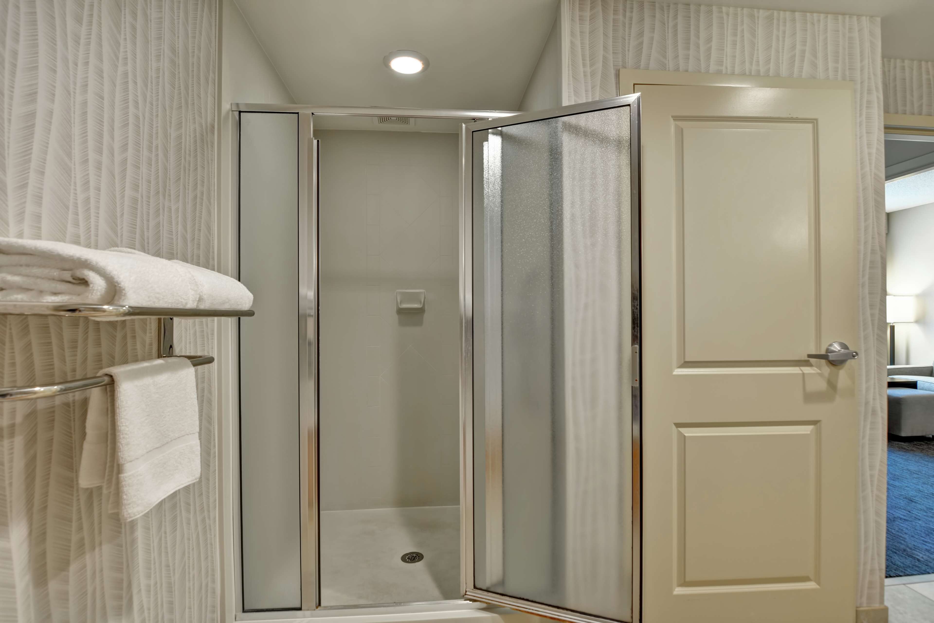 combined shower/bathtub, hair dryer, towels, soap