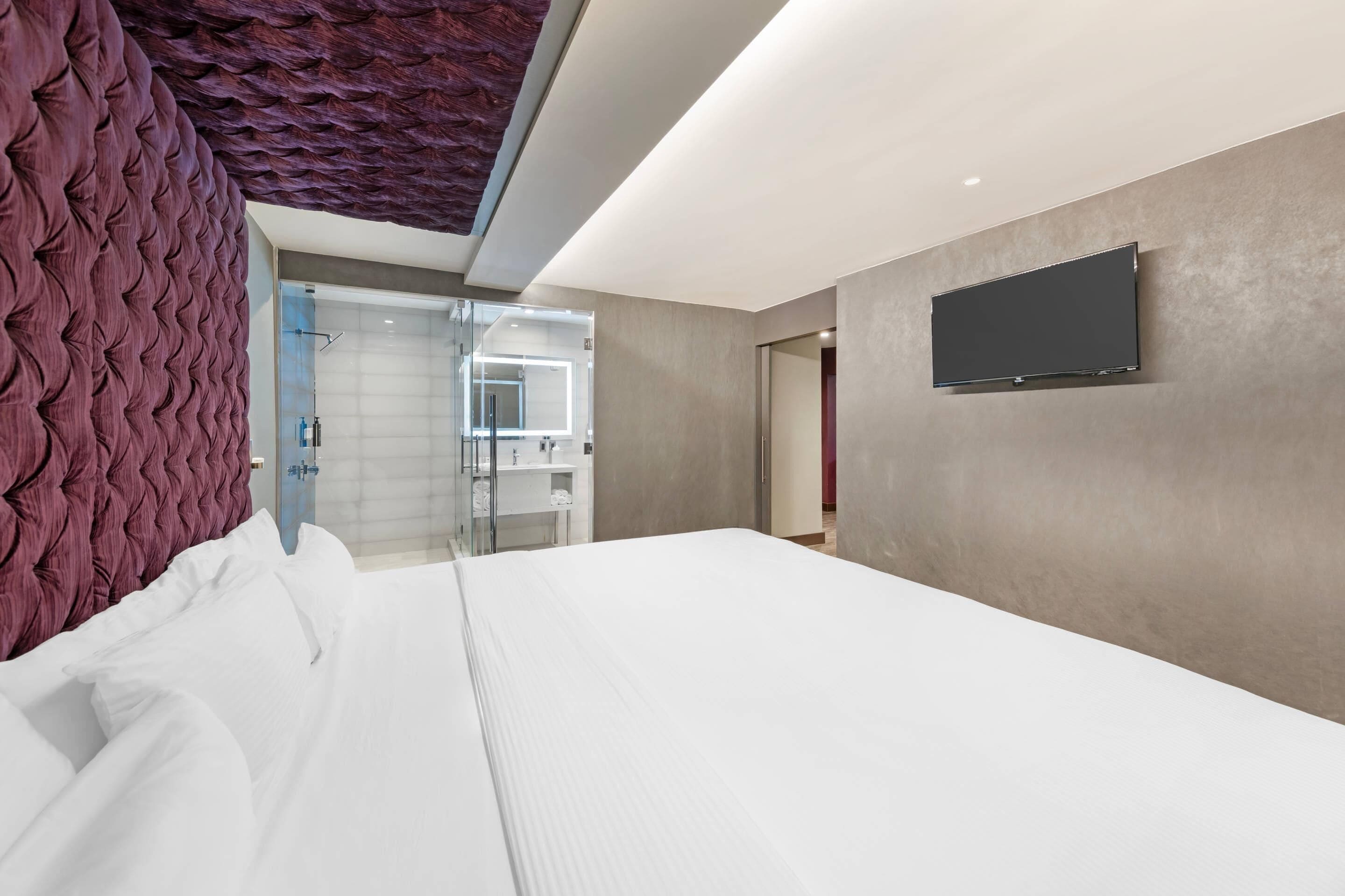 Una habitación de hotel moderna con una cama grande, un televisor de pantalla plana montado en la pared y un box de ducha de vidrio.