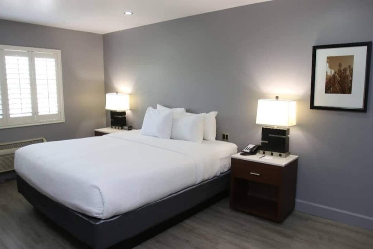 Een netjes ingerichte slaapkamer met een groot bed, twee nachtkastjes met lampen, een ingelijst schilderij aan de muur en een raam met jaloezieën.