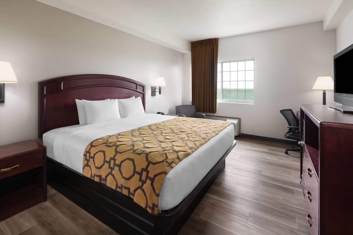 A hotel room with a large bed, a desk, a chair, a television, and a window with curtains.