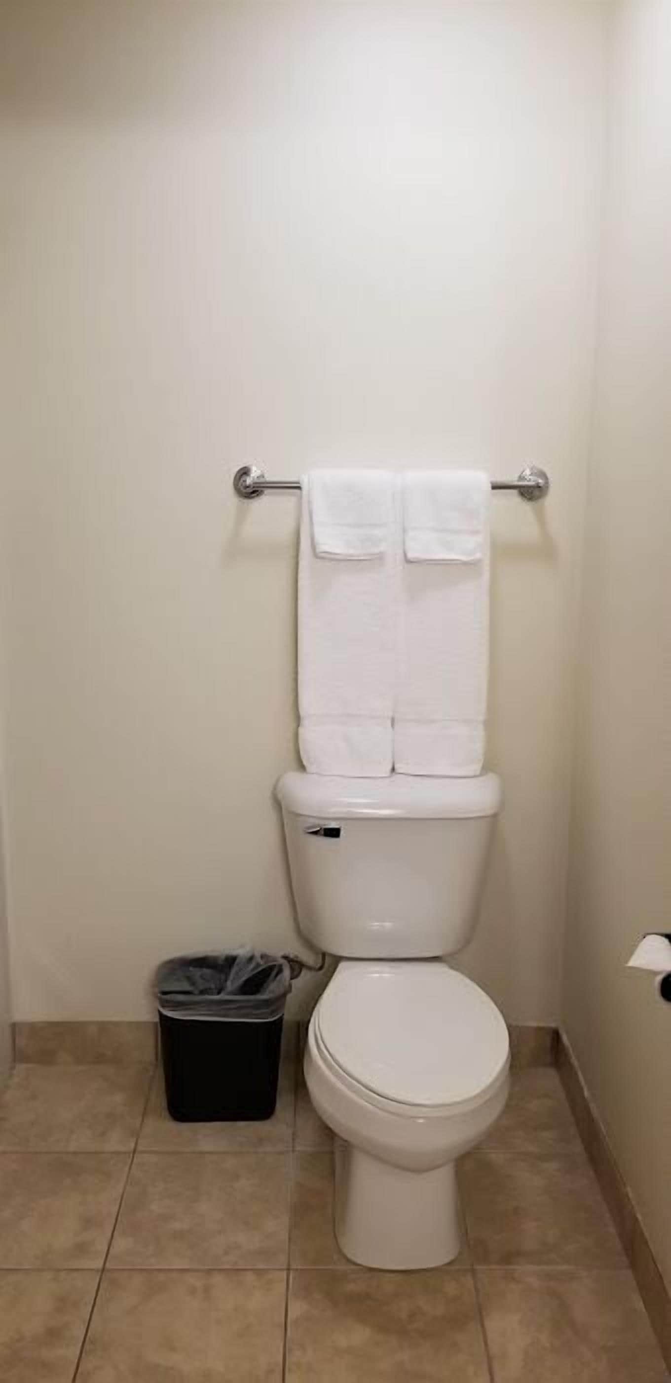 Des toilettes blanches standard, avec un porte-serviettes au-dessus, une poubelle à gauche et un sol carrelé de couleur beige.
