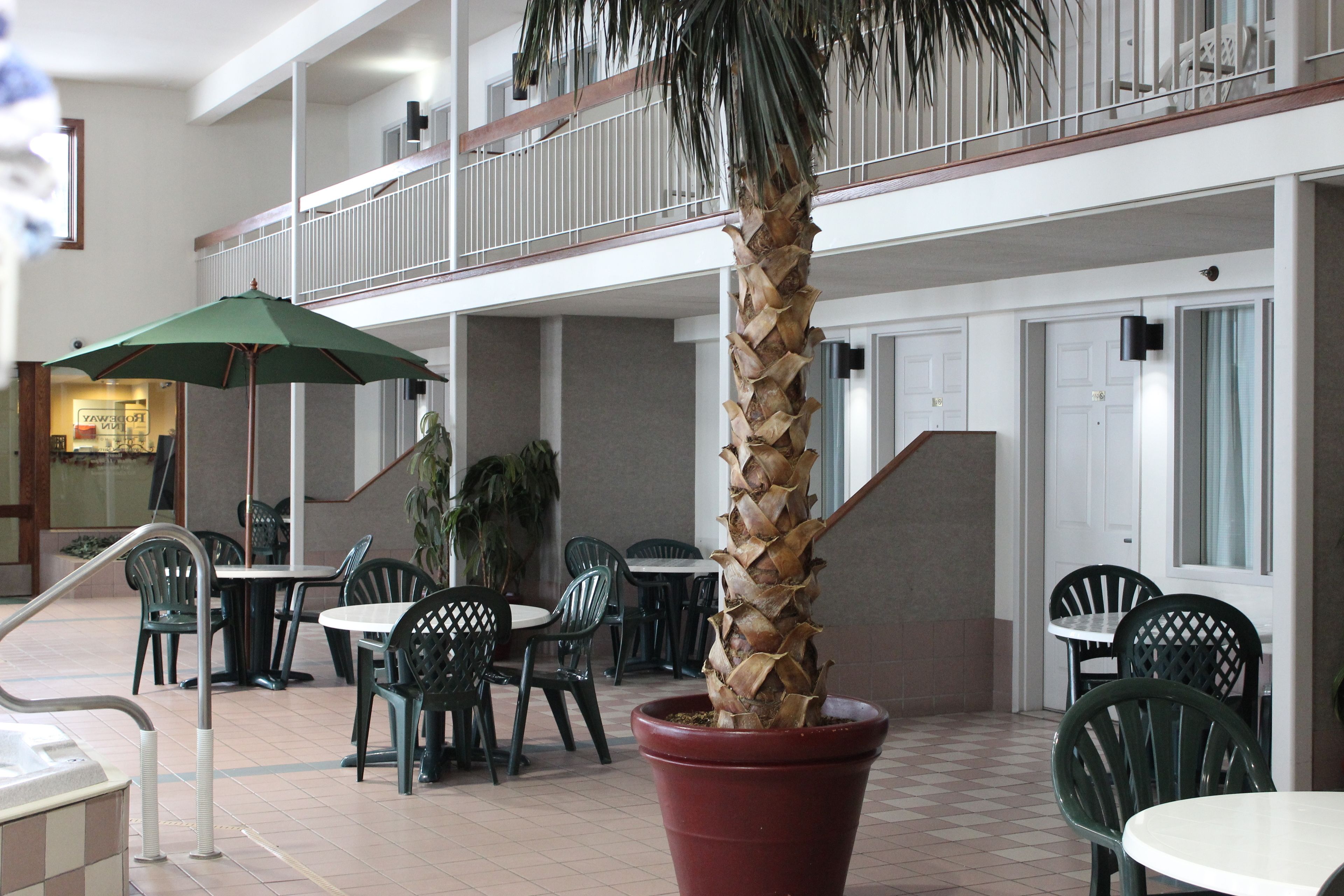 An indoor dining area with multiple tables and chairs, a large potted palm tree, and a balcony with railings.