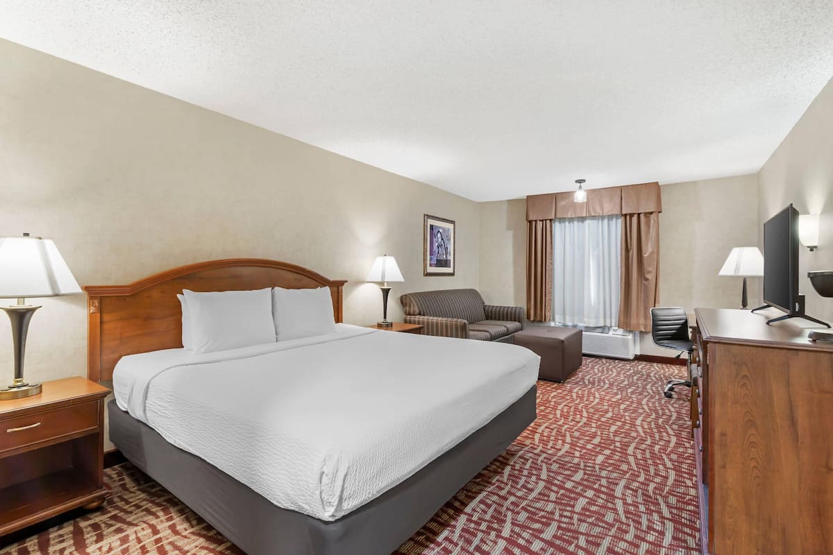 A hotel room with a large bed, a desk, a chair, a sofa, and a television.