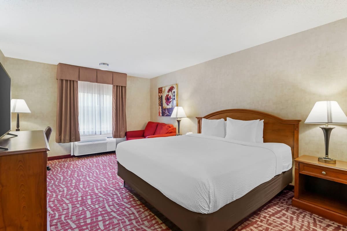 A hotel room with a large bed, a desk with a chair, a TV, a window with curtains, and a wall-mounted artwork.