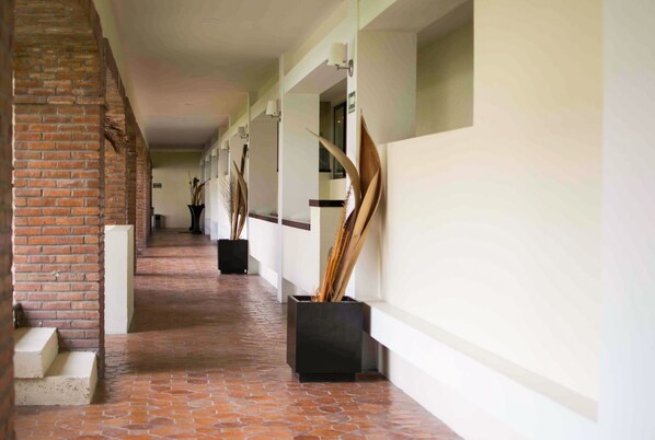 A corridor with a brick wall on one side and a white wall on the other, leading to a staircase. There are potted plants along the corridor.