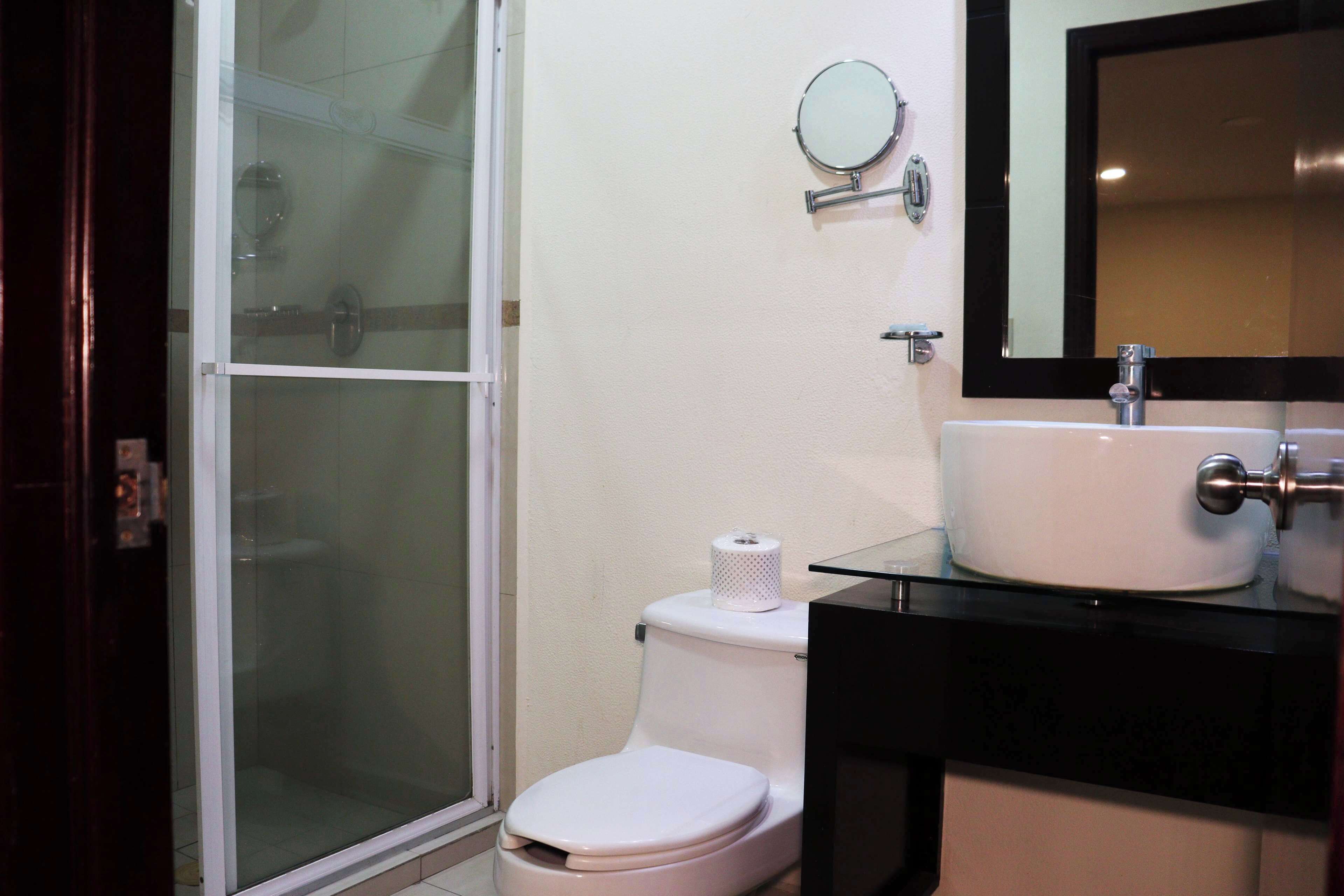 A bathroom with a glass shower enclosure, a toilet with a roll of toilet paper, and a sink with a mirror above it.