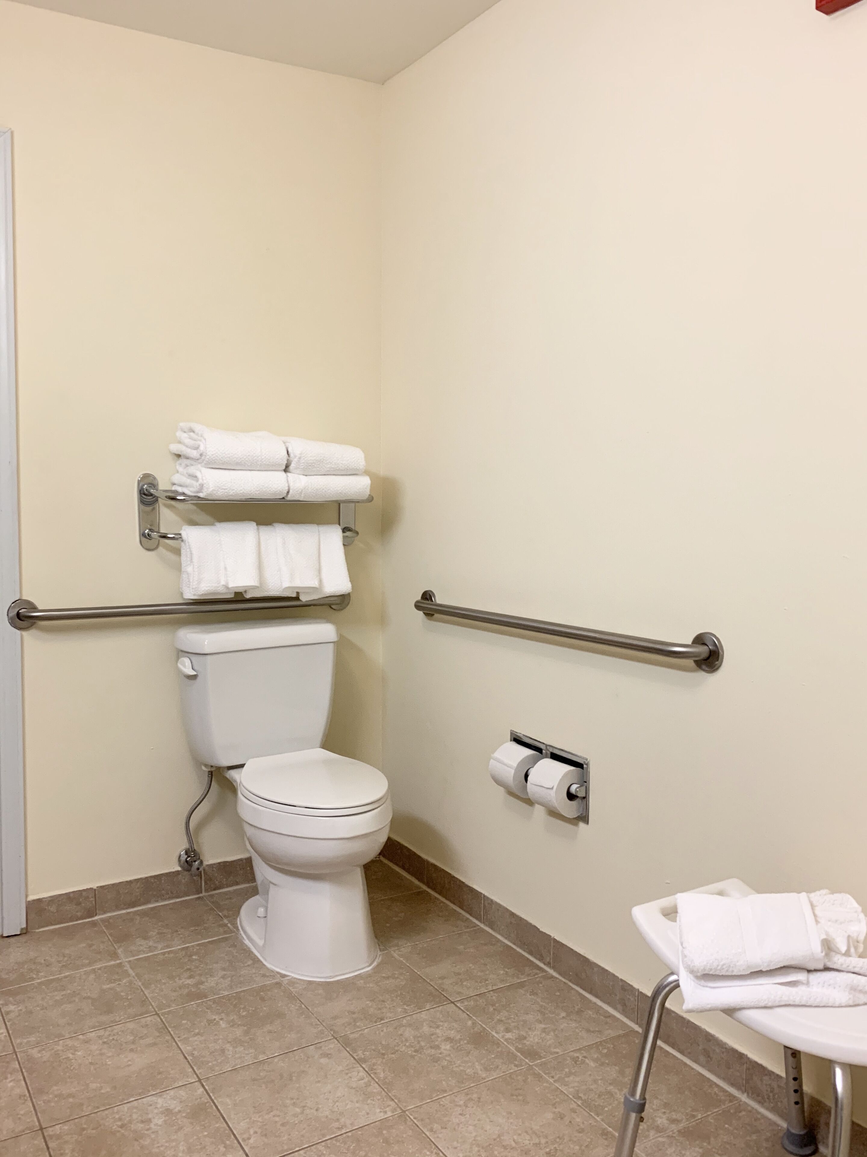 A bathroom with a toilet, handrails, a towel rack, and a sink.