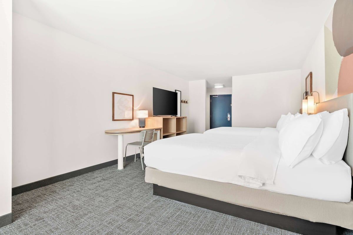 Room, 2 Queen Beds | In-room safe, desk, laptop workspace, blackout drapes