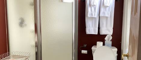 A bathroom with a glass-enclosed shower, a toilet, and a sink.