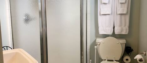 A bathroom with a shower enclosure, toilet, sink, and towel rack.