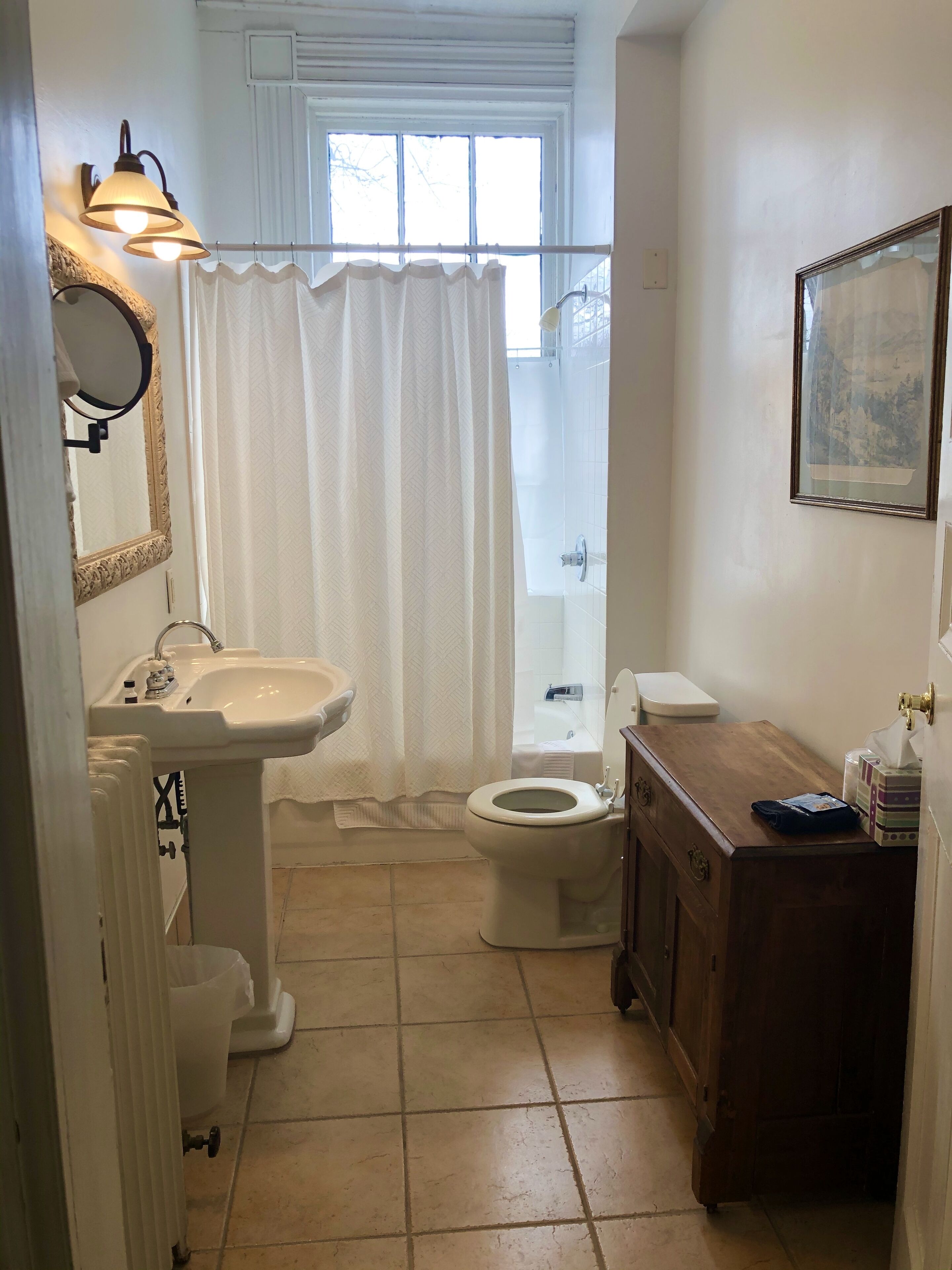 Baño con lavabo, inodoro y zona de ducha.