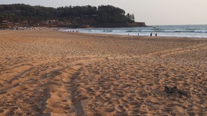 Una playa arenosa con huellas, una costa lejana con edificios y una colina cubierta de árboles.